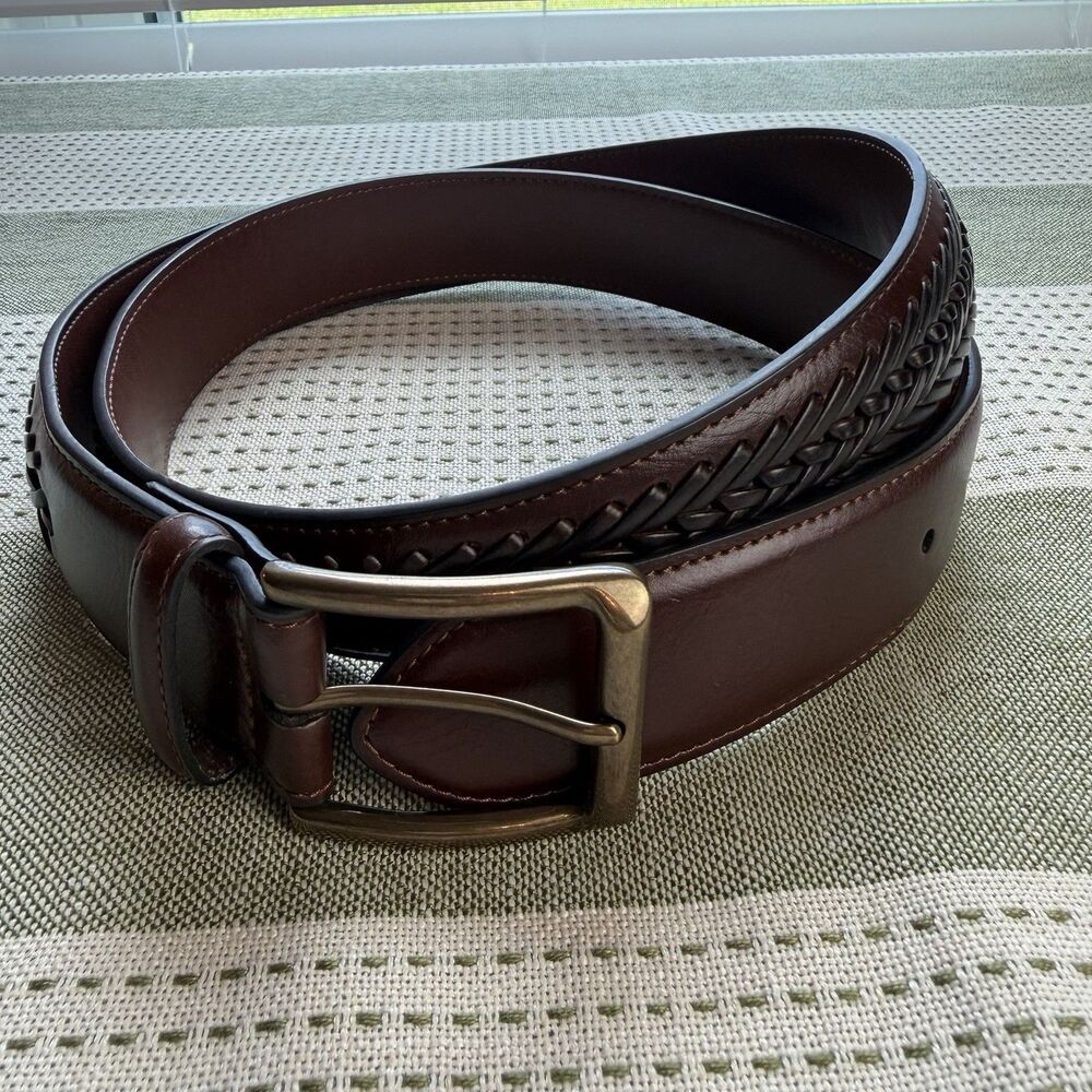Men’s Brown Leather Belt Smooth Braided Brass Buckle Size 38